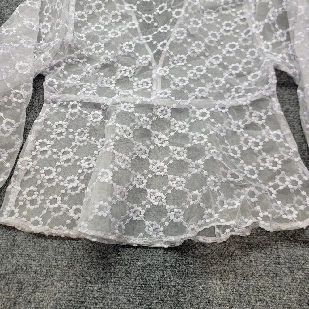 Zara Lavender Floral Lace Sheer V-Neck Peplum Blouse Balloon Sleeve Small